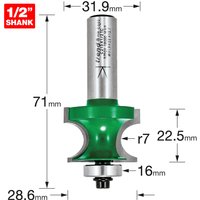 "Trend Bearing Guided Corner Bead, silver shaft, green body, 7mm radius, 1/2 inch shank, 71mm length"