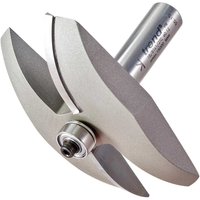 Trend Bearing Guided Large Radiused Panel Raiser Router Cutter with silver finish and curved cutting edges.