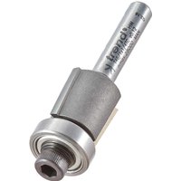 Trend Bearing Guided Trimmer Router Cutter, silver cylindrical body, engraved logo, with a round bearing at the base.