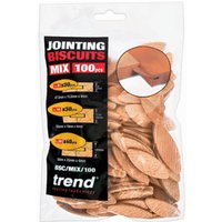 Clear bag of Trend jointing biscuits, mixed sizes, with product label showing biscuit types and quantities.