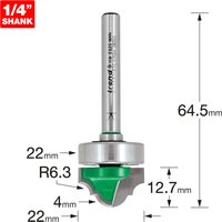 Trend Broken Ogee router bit with 4mm radius, 1/4" shank, silver shaft, and green cutting edge, 64.5mm length.