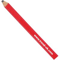 Red Trend carpenters pencil with medium lead, flat rectangular shape, and white website text on the side.