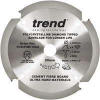 Trend Cement Fibreboard PCD Cutting Saw Blade, silver with black text, four teeth, and polycrystalline diamond tips.