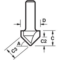 Chamfer V groove cutter with 45-degree angle, silver metal finish, cylindrical shank, by Trend.