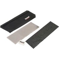 Double-sided diamond sharpening stone with black and silver surfaces, includes black carrying pouch and cleaning block.