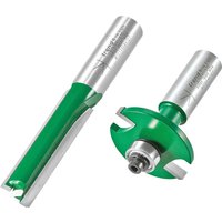 Green and silver Trend router cutter pack with straight and round cutter bits.