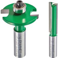 Green and silver Trend router cutter pack with circular blade and straight cutter for kitchen fitting tasks.