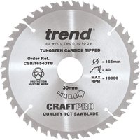 Trend CraftPro saw blade, 165mm, 40 teeth, silver finish, labeled with specifications and safety icons.