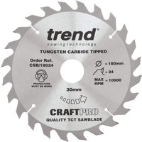 Trend Craft 180mm saw blade, 24 teeth, 30mm bore, silver with black text and logo, tungsten carbide tipped.