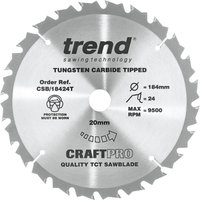 Circular saw blade, 184mm diameter, 24 teeth, silver with black text, Trend branding, tungsten carbide tipped.