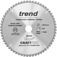 "Silver Trend CraftPro saw blade, 254mm diameter, 60 teeth, 30mm bore, tungsten carbide tipped, labeled details"