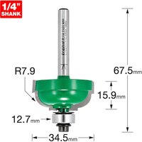 Trend CRAFTPRO Cavetto Router Cutter with green body, silver shank, and bearing guide, 1/4" shank, 67.5mm length.
