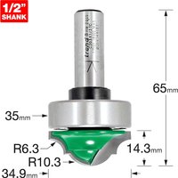 Trend CRAFTPRO router cutter with silver shank, green blade, and bearing guide, labeled dimensions in millimeters.