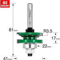 Trend CRAFTPRO router cutter with green bearing guide, 8mm shank, and silver shaft, featuring precise measurement labels.