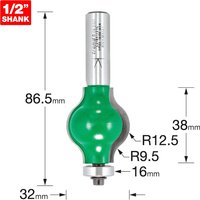 "Green and silver Trend CRAFTPRO router cutter with bearing guide, 1/2 inch shank, and measurement labels"