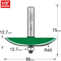 Trend CRAFTPRO router cutter with green blade, large radius, bearing guide, and 1/2" shank, dimensions labeled.