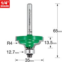 Green Trend CRAFTPRO router cutter with silver shank, bearing guided, ogee quirk profile, and measurement labels.