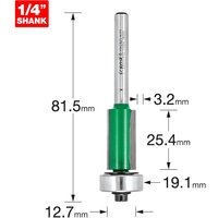"Trend CRAFTPRO router cutter with green body, silver shank, and bearing guide, 1/4 inch shank size, precise measurements shown"