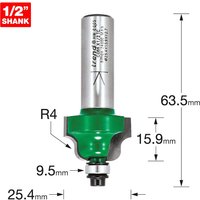 Trend CRAFTPRO Bearing Guided Roman Ogee Router Cutter, silver shaft, green body, 1/2" shank, precise measurements.
