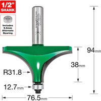 "Green and silver Trend CraftPro router cutter with bearing guide, 1/2 inch shank, and dimensions labeled in millimeters"