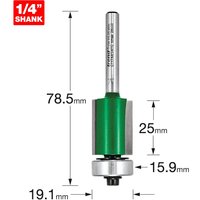 Green and silver Trend CRAFTPRO trimmer router cutter with 1/4" shank and bearing guide, dimensions labeled.