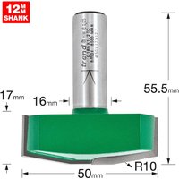 Trend CRAFTPRO Bevel Panel Raiser Router Cutter, green body, silver shank, 12mm shank, 55.5mm height.