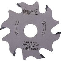 Trend Craftpro biscuit blade, 100mm diameter, 6 teeth, 22mm bore, silver with black text and arrow markings.