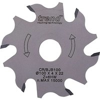 Circular silver Trend CRAFTPRO biscuit jointer blade with six teeth and printed specifications.
