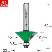 Trend CRAFTPRO chamfer router cutter with green body, silver shank, and bearing guide, 45-degree angle, 8mm shank.