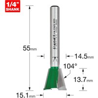 Silver Trend CRAFTPRO dovetail jig router cutter with green base, 1/4" shank, and precise angle measurements.