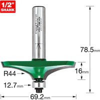"Trend CRAFTPRO router cutter with green handrail, silver shank, and bearing guide, 1/2 inch shank size"