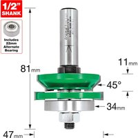 "Trend CRAFTPRO Matchlining Router Cutter Set with green and silver components, 1/2 inch shank, 45-degree angle"