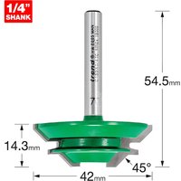 Green Trend CRAFTPRO Mitre Lock Joint Router Cutter with 1/4" shank, silver shaft, and 45-degree cutting angle.