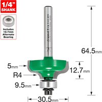 Trend CRAFTPRO Ogee Mould Router Cutter, green body, silver shank, bearing guided, with dimensions marked.