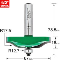 Trend CRAFTPRO Ogee Panel Mould Router Cutter, silver shank, green body, bearing guided, 1/2" shank, dimensions shown.