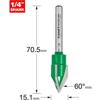 Trend CRAFTPRO Triple Flute Engraver Router Cutter, silver with green base, 1/4" shank, 60-degree angle.