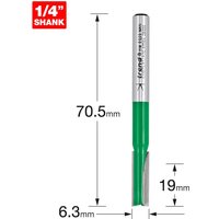 Trend CRAFTPRO router cutter with silver top, green base, two flutes, 1/4" shank, and measurement markings.