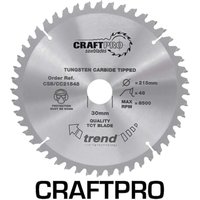 Trend CRAFTPRO circular saw blade, silver with tungsten carbide tips, 215mm diameter, 30mm bore, text details.