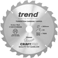 Trend CRAFTPRO circular saw blade, silver with tungsten carbide tips, 260mm diameter, 24 teeth, max 7600 RPM.