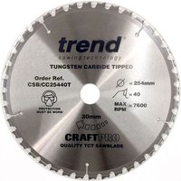 Round silver Trend craft saw blade, 254x30mm, 40 teeth, tungsten carbide tipped, with printed specifications.