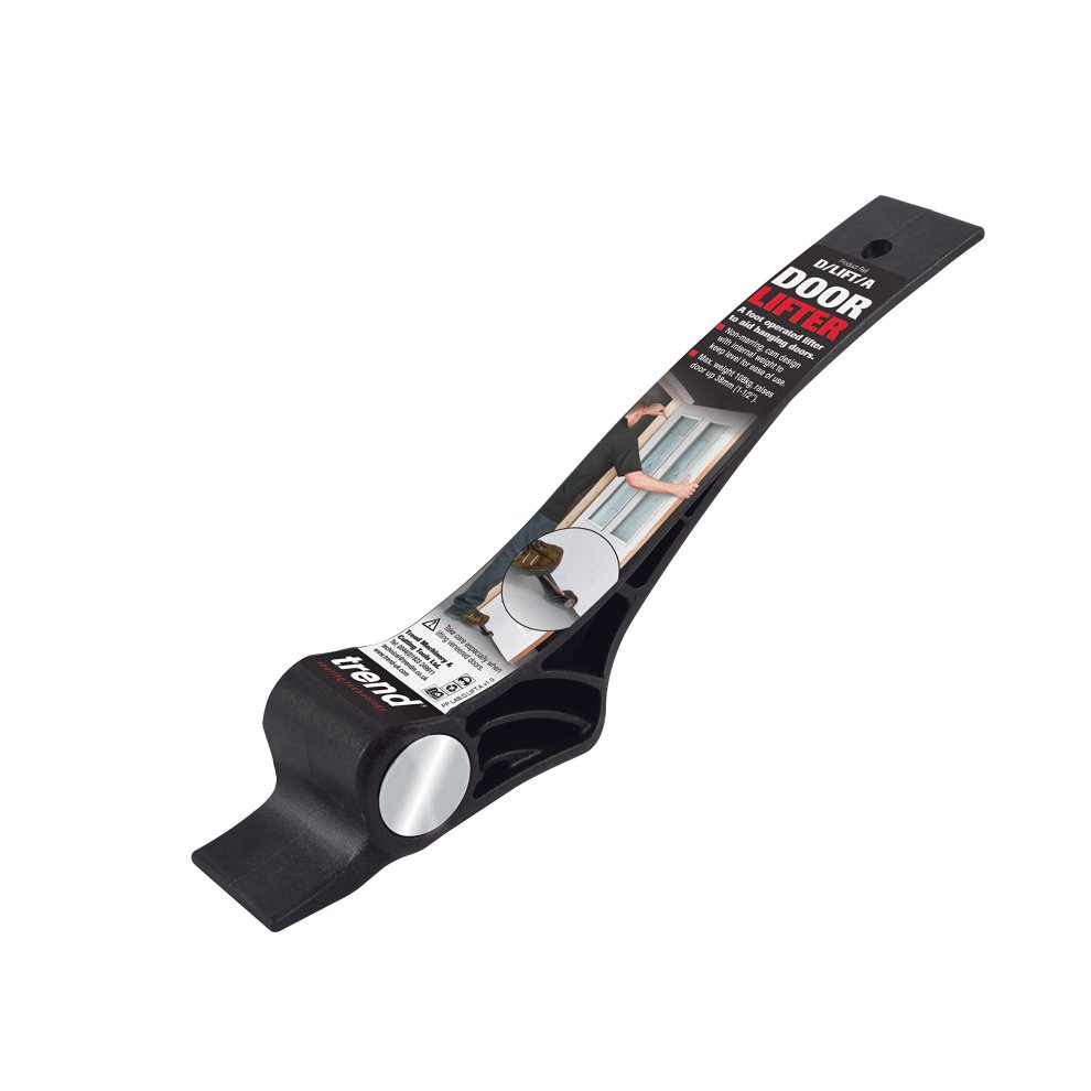 Black plastic door lifter with a curved handle, featuring a white wheel and a label displaying product details and usage instructions.