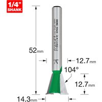 Trend Dovetail cutter, 12.7mm diameter, 104° angle, silver shaft, green tip, with measurement labels.