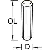 Black and white illustration of a cylindrical dowel with ridges, labeled with dimensions OL and D.