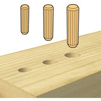 Wooden dowels 8x30mm, ribbed texture, shown above drilled holes in a wooden board, pack of 500 by Trend.