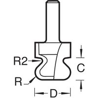 Trend Drawer Pull Cutter with curved blade, labeled dimensions R2, R, D, and C, black and white diagram.