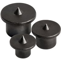 Black Trend DWL/C/PK1 dowel centre points with conical tips and flat circular tops in three different sizes.