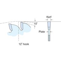 Circular sawblade with 8 teeth, 305mm diameter, 30mm bore, labeled hook and kerf angles, by Trend.