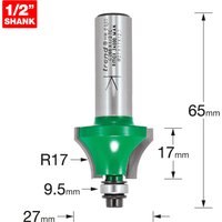 Green and silver Trend glazing bar cutter with 1/2" shank, 65mm length, and detailed measurements.
