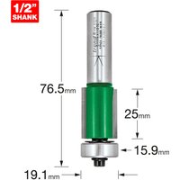 Trend guided trimmer, 19.1mm diameter, silver and green body, 1/2" shank, with measurement labels.