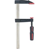 Heavy duty F clamp with black and red handle, silver metal bar, and adjustable sliding jaw.